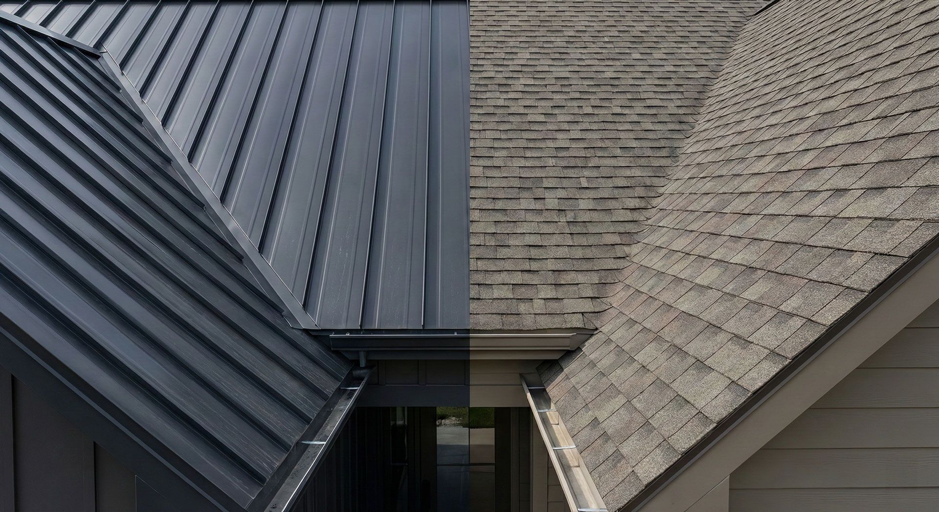 Close-up of two sloped metal roofs meeting above a narrow gap, with gray shingles in the background.