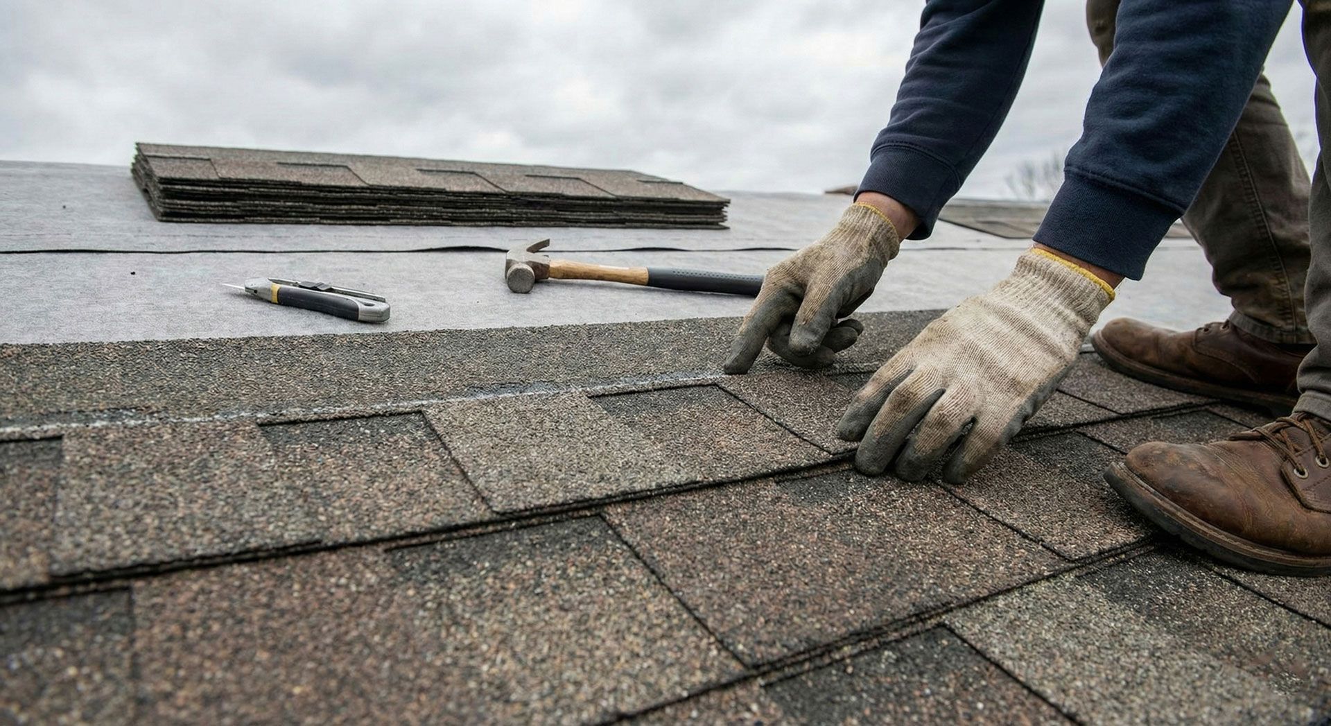 Worker installing asphalt shingles on a roof with tools nearby
