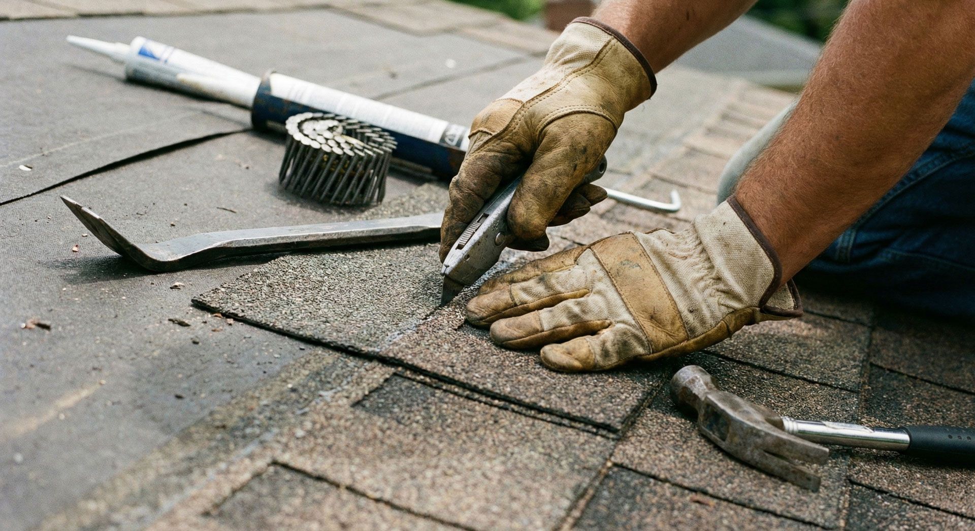 Gloved hands repairing a shingled roof with roofing tools nearby