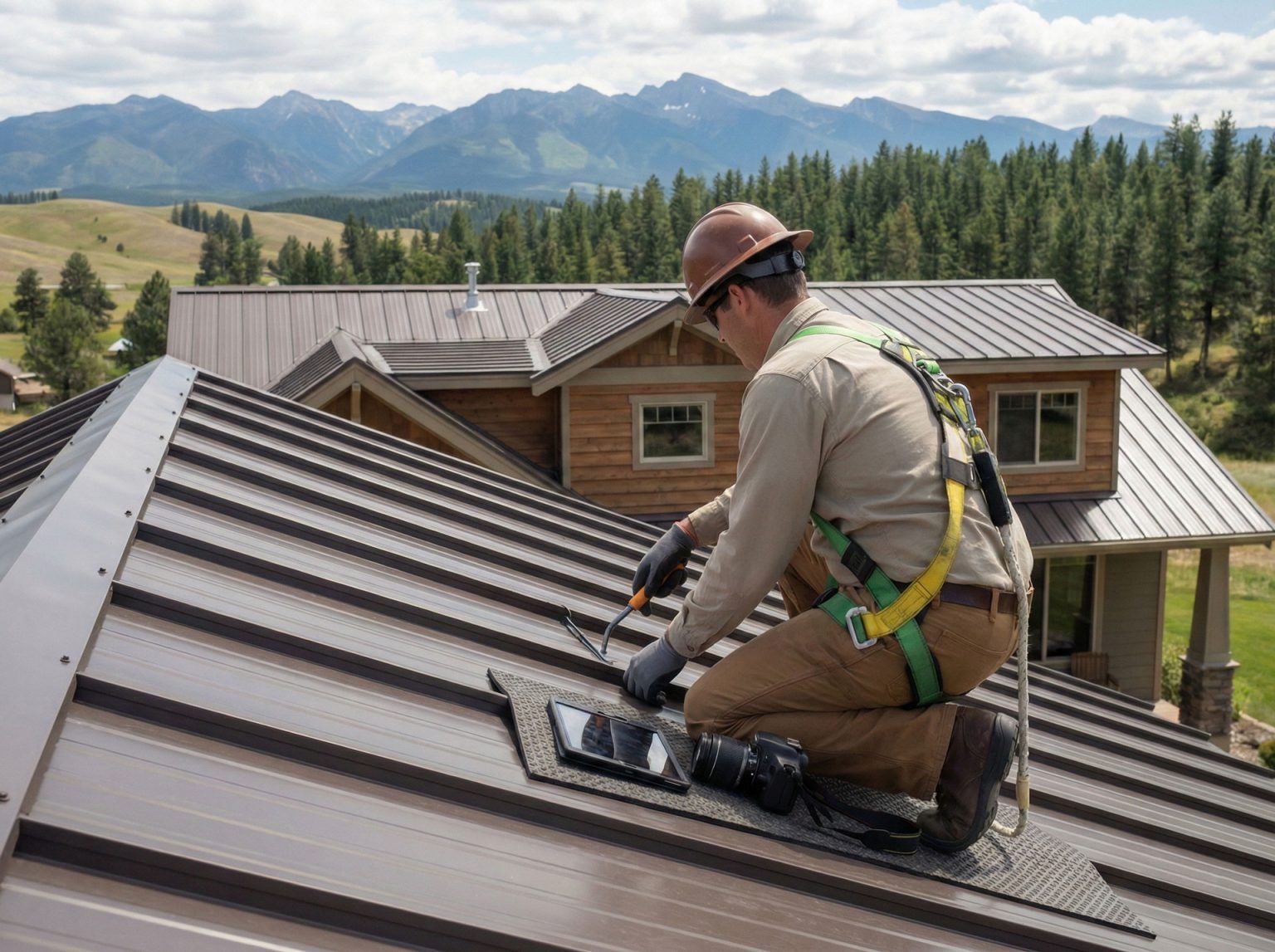 Worker installing roofing shingles on a house with mountains in the background