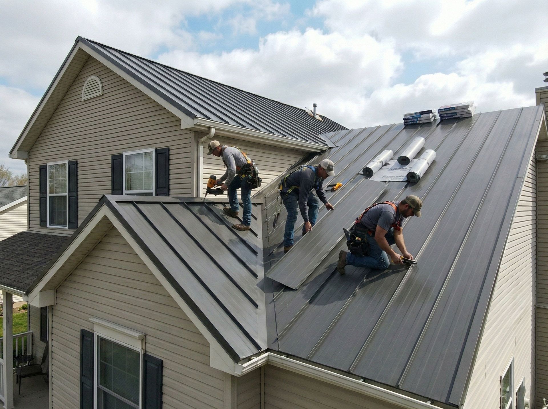 Workers installing metal roofing on a house rooftop