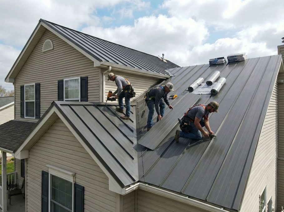 Workers installing metal roofing on a house rooftop