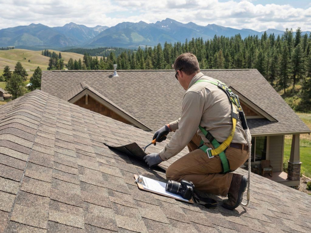 Worker kneels on a shingled roof, repairing it with mountains and trees in the background.