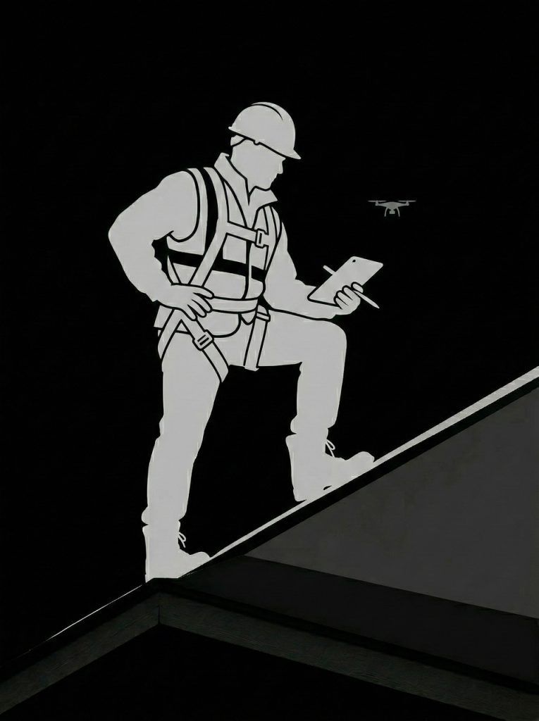 Silhouette of a worker with a hard hat and tablet climbing a slanted rooftop at night.