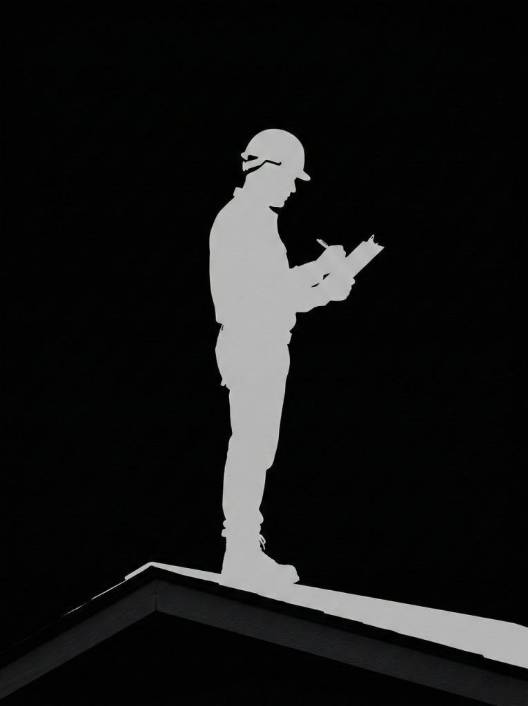 Silhouette of a worker in a hard hat standing on a rooftop, looking at a tablet against a black background