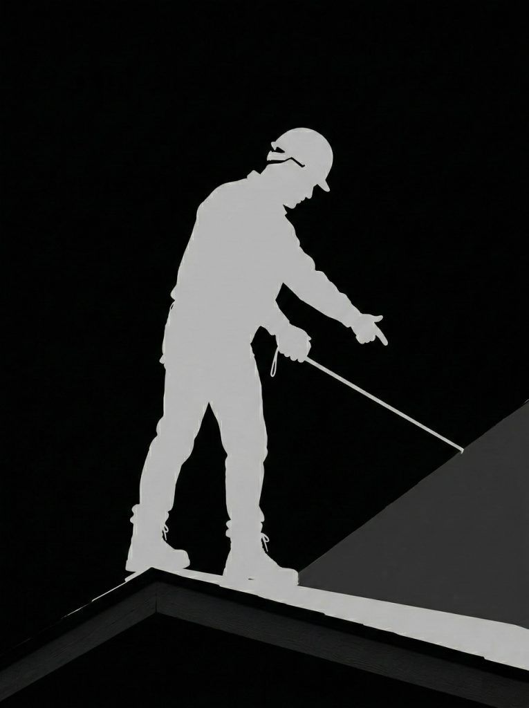 White silhouette skier on a dark slope, holding ski poles and descending a snowy incline.