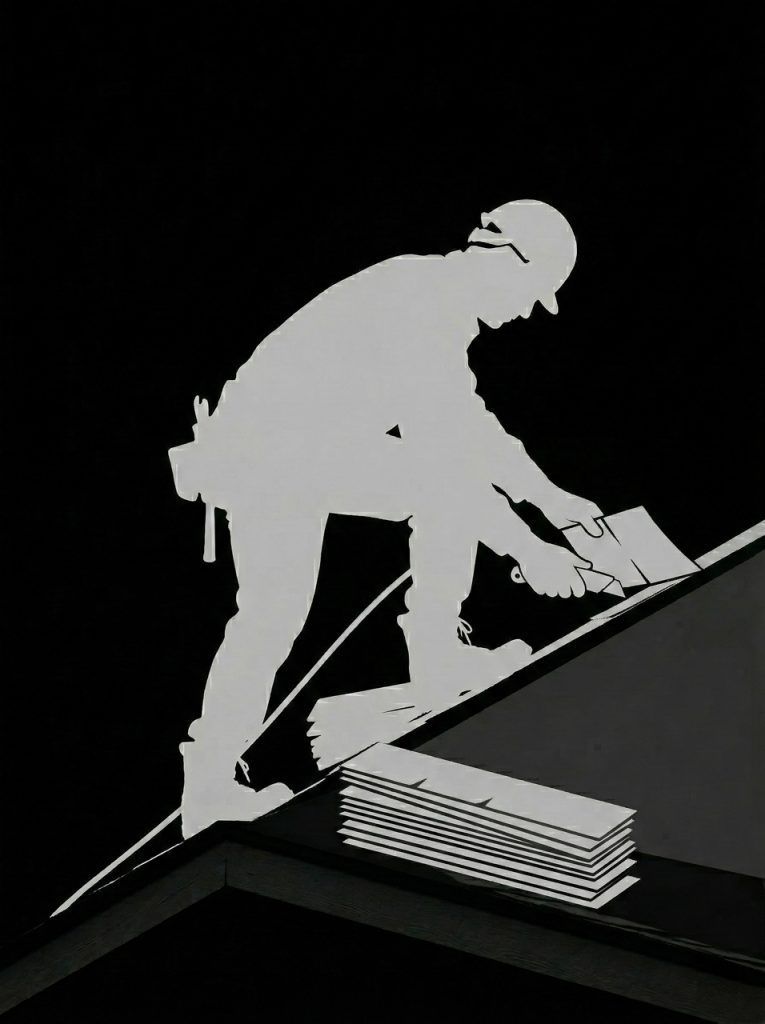Worker in hard hat using tools on a slanted roof against a black background.