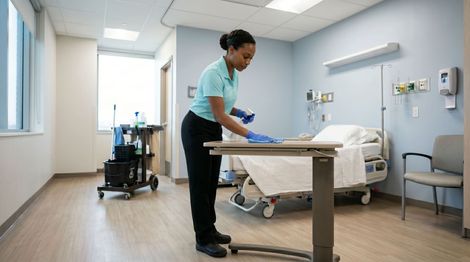 Professional Cleaner Sanitizing Patient Room Overbed Table in Manchester, NH