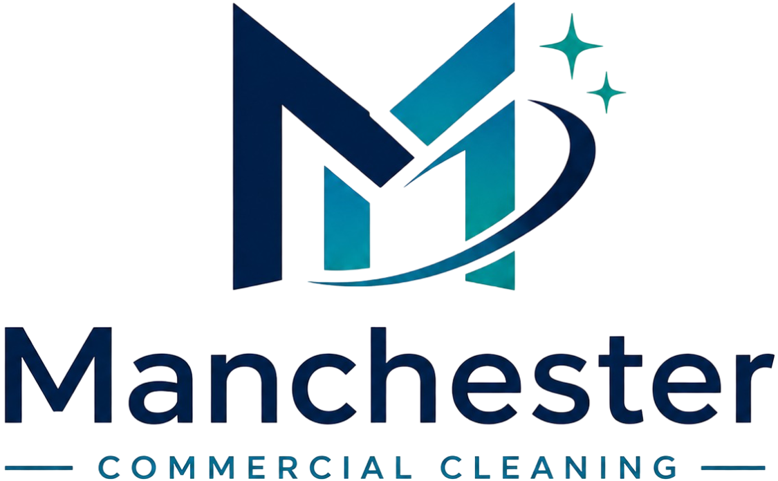 Manchester Commercial Cleaning Logo with Modern Monogram, Sparkle Accent, and Teal Swoosh Design in Manchester, NH