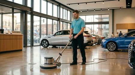 Professional Cleaner Buffing Auto Dealership Showroom Floor in Manchester, NH