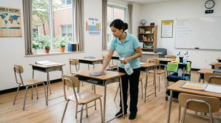Professional Cleaner Disinfecting Student Desks Inside a Classroom in Manchester, NH