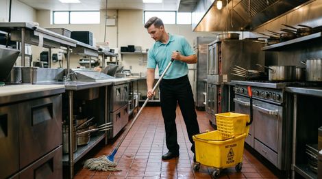 Professional Cleaner Mopping Commercial Kitchen Floor in Manchester, NH