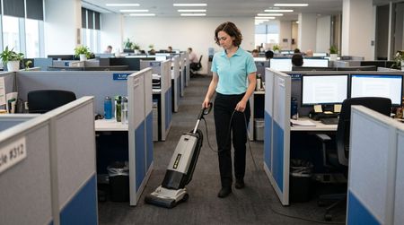 Professional Cleaner Vacuuming Office Cubicle Carpet in Manchester, NH