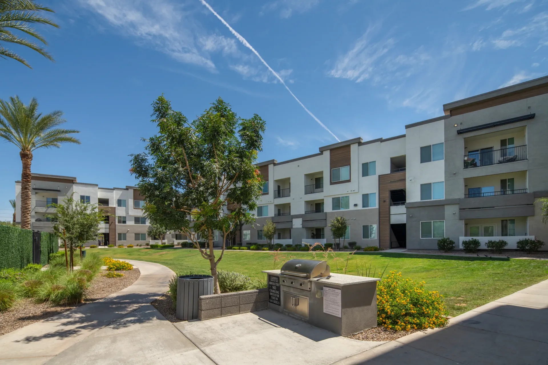 Outdoor grilling area with stainless steel grills and seating areas in a modern apartment complex courtyard at Lumina Mountain Vista in Mesa, AZ.