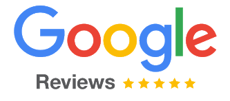 A google reviews logo with five stars on a white background.