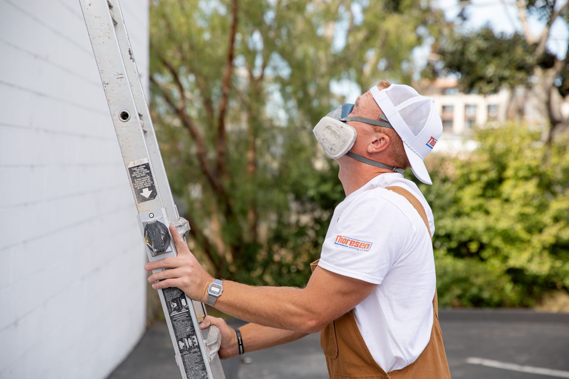 A man wearing a mask is standing on a ladder.