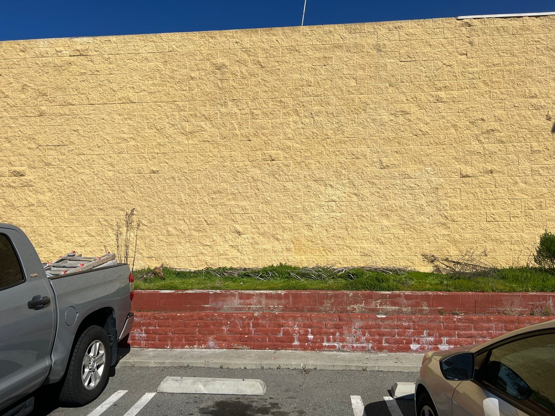 A brick wall with a fresh coat of paint covering old graffiti.