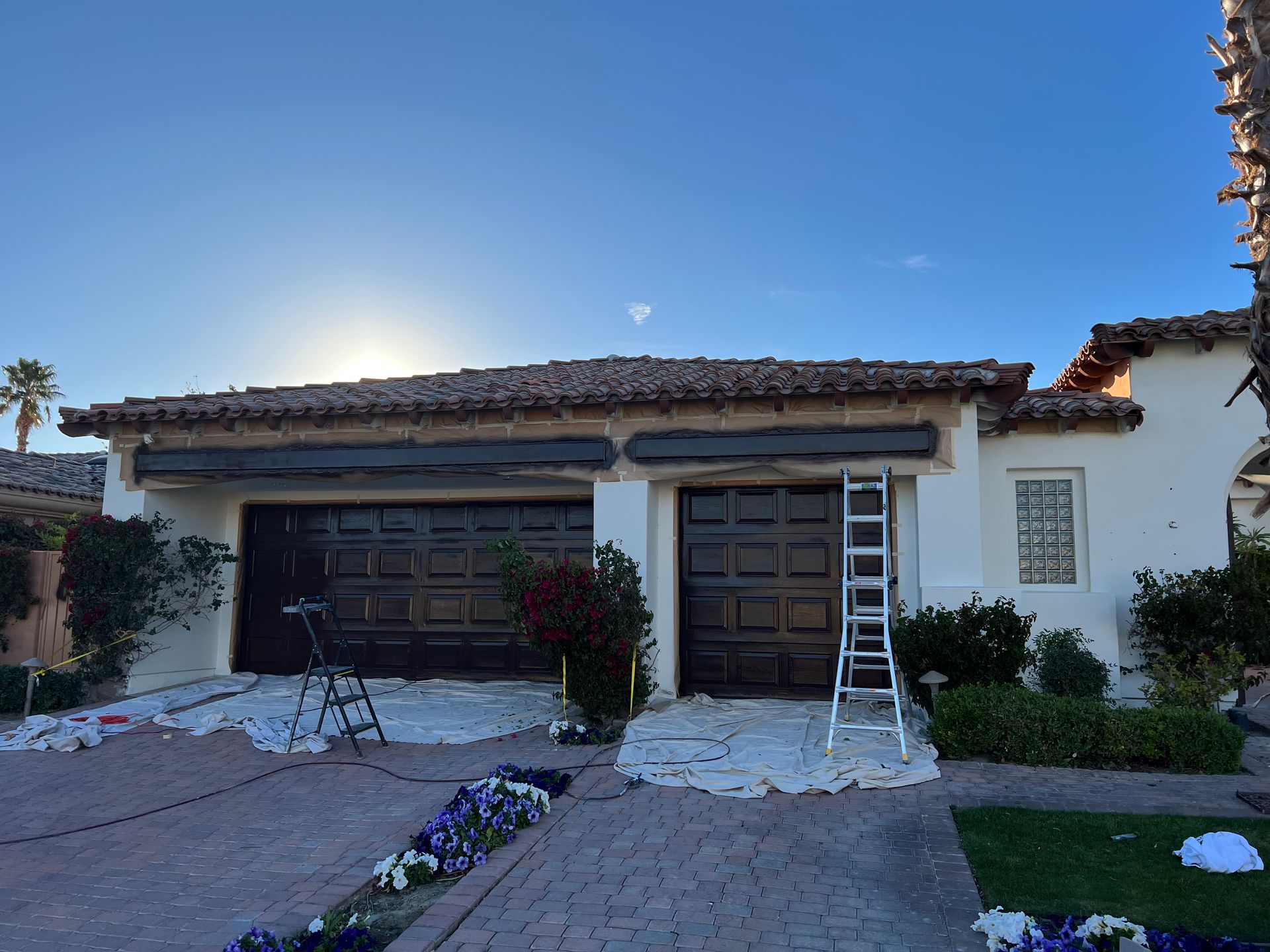 A house is being painted with a ladder in front of it
