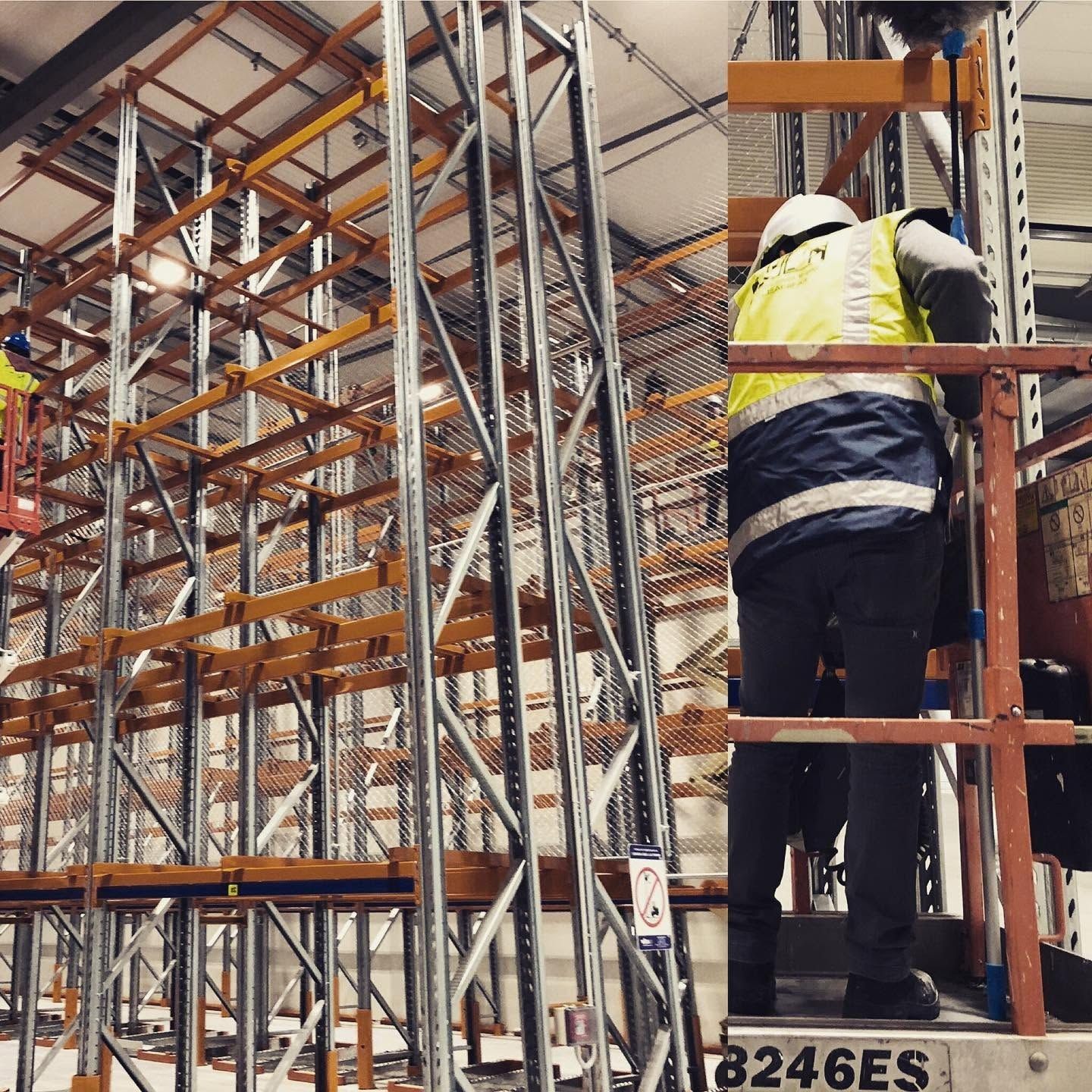 Industrial high-access cleaning in a warehouse environment