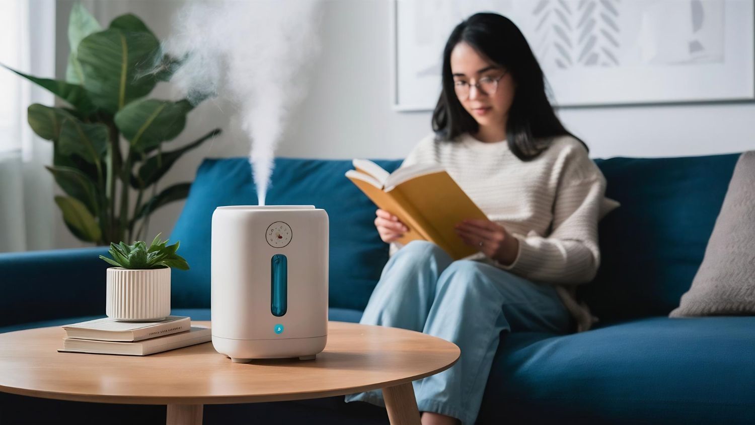 Woman reading on a blue couch beside a small humidifier and potted plant in a bright living room