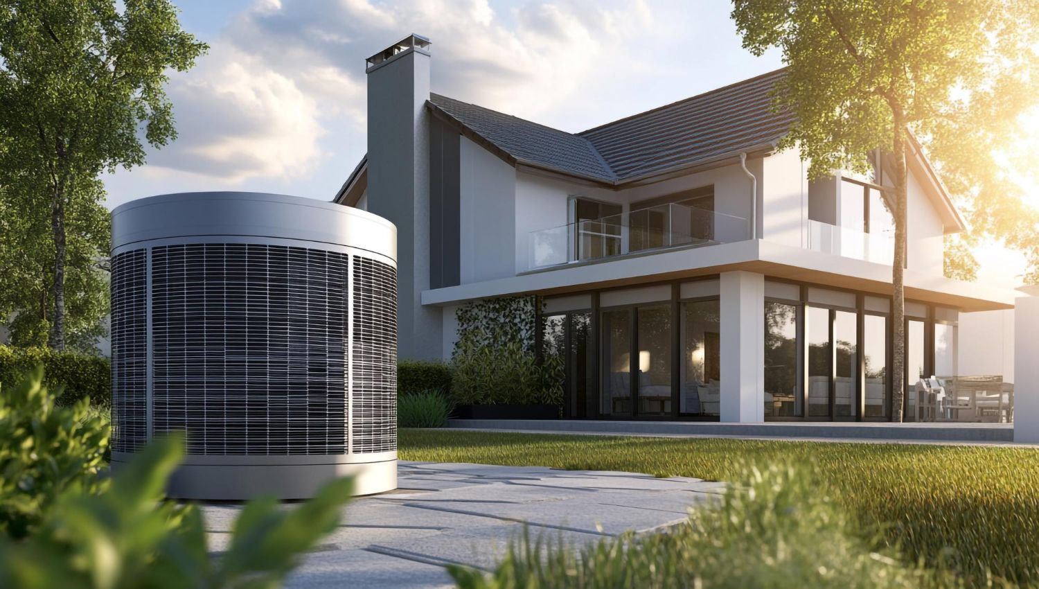 Modern two-story house with a cylindrical air conditioner in a sunny landscaped yard