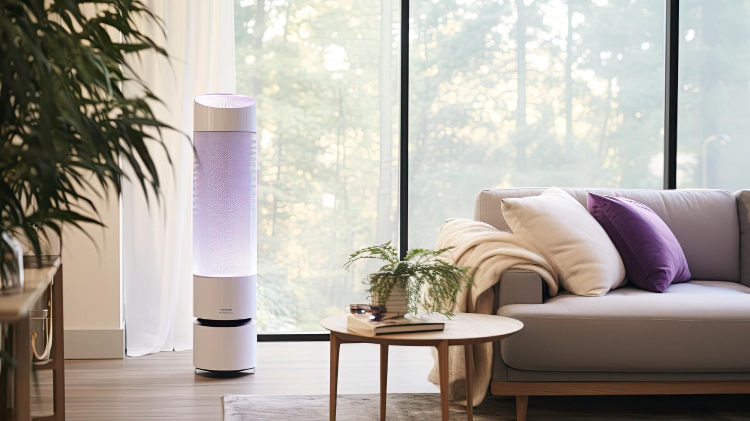 Modern living room with a white air purifier, sofa with purple pillows, and large sunlit windows