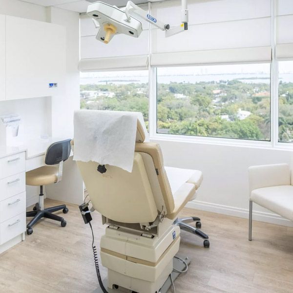 Bright dental exam room with chair, stool, overhead light, and large windows overlooking greenery