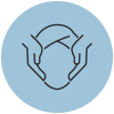 Line-art hands holding a globe inside a light blue circle icon