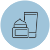 Blue circle with black outline icons of a small bottle and a tall cup.
