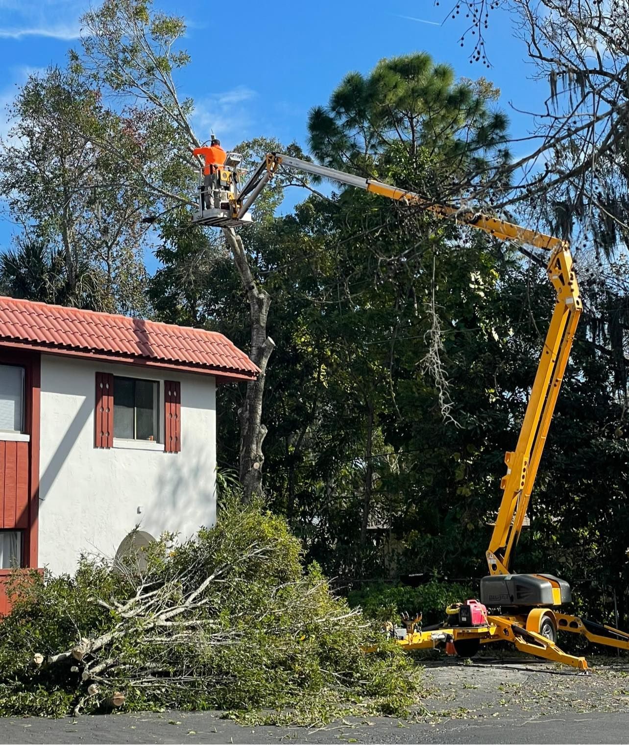 A man in a bucket is cutting a tree in front of a house