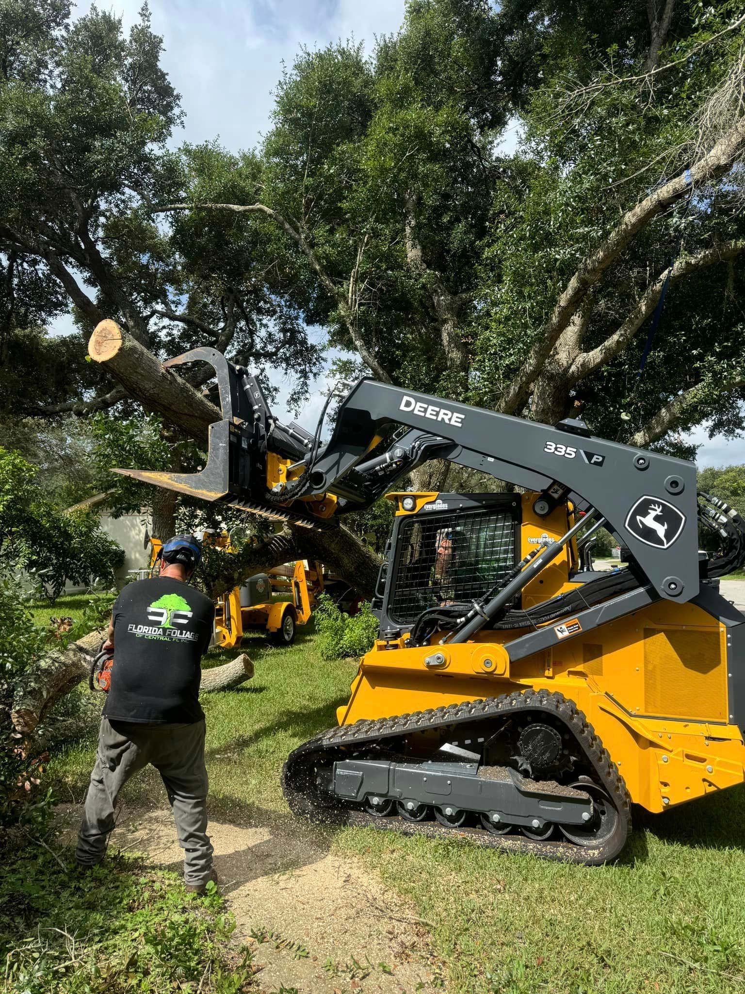 A man is standing next to a bulldozer cutting down a tree.
