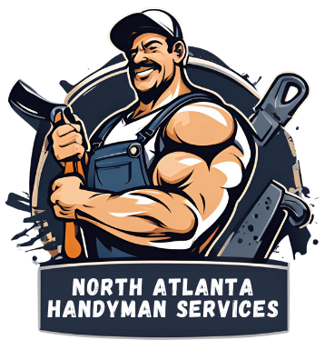 The logo for north atlanta handyman services shows a muscular man holding a hammer.