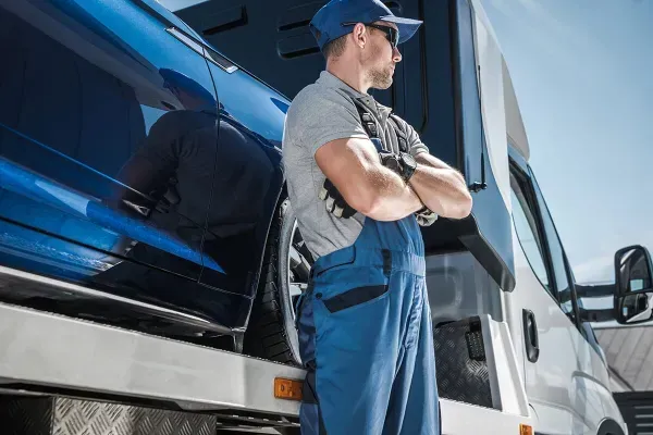Tow truck operator in blue uniform stands next to a blue car being towed.