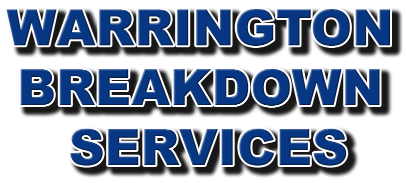 Warrington Breakdown Services logo: Blue text with white and gray outline on a white background.