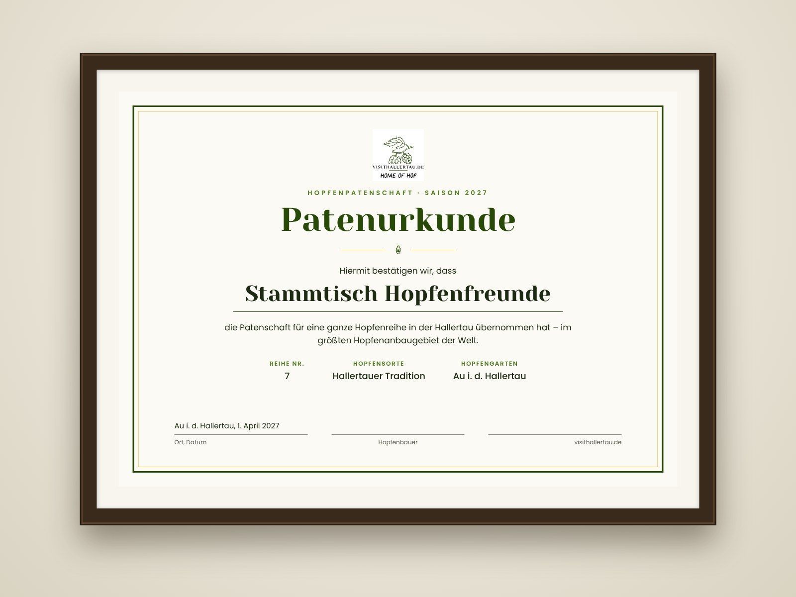 Gerahmte Patenurkunde für eine Hopfenreihe