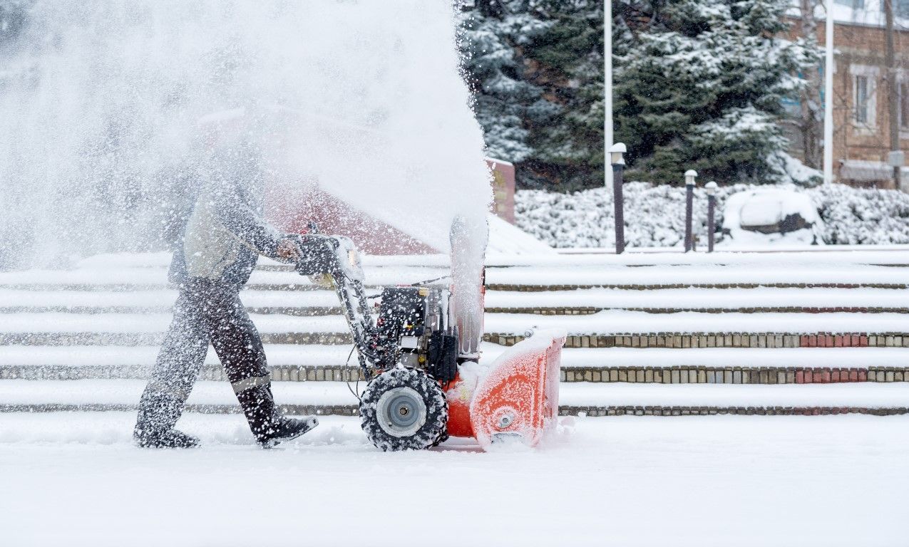 Person clearing heavy snow with a snow blower on a snowy sidewalk near steps and trees