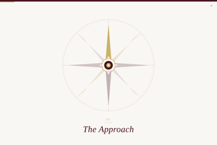 Minimal compass-like emblem with a gold center and the words “The Approach” below it.