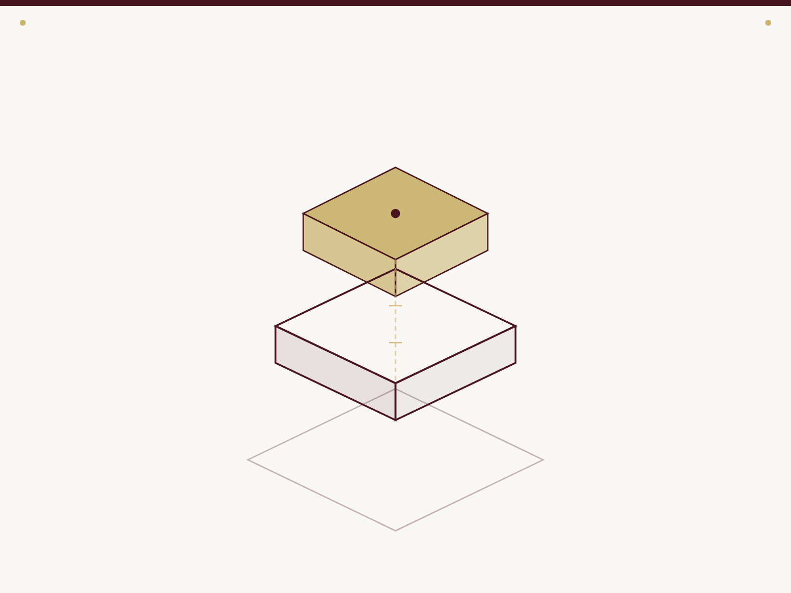 Exploded diagram of three stacked diamond-shaped layers, with a tan top piece and two white outlines below