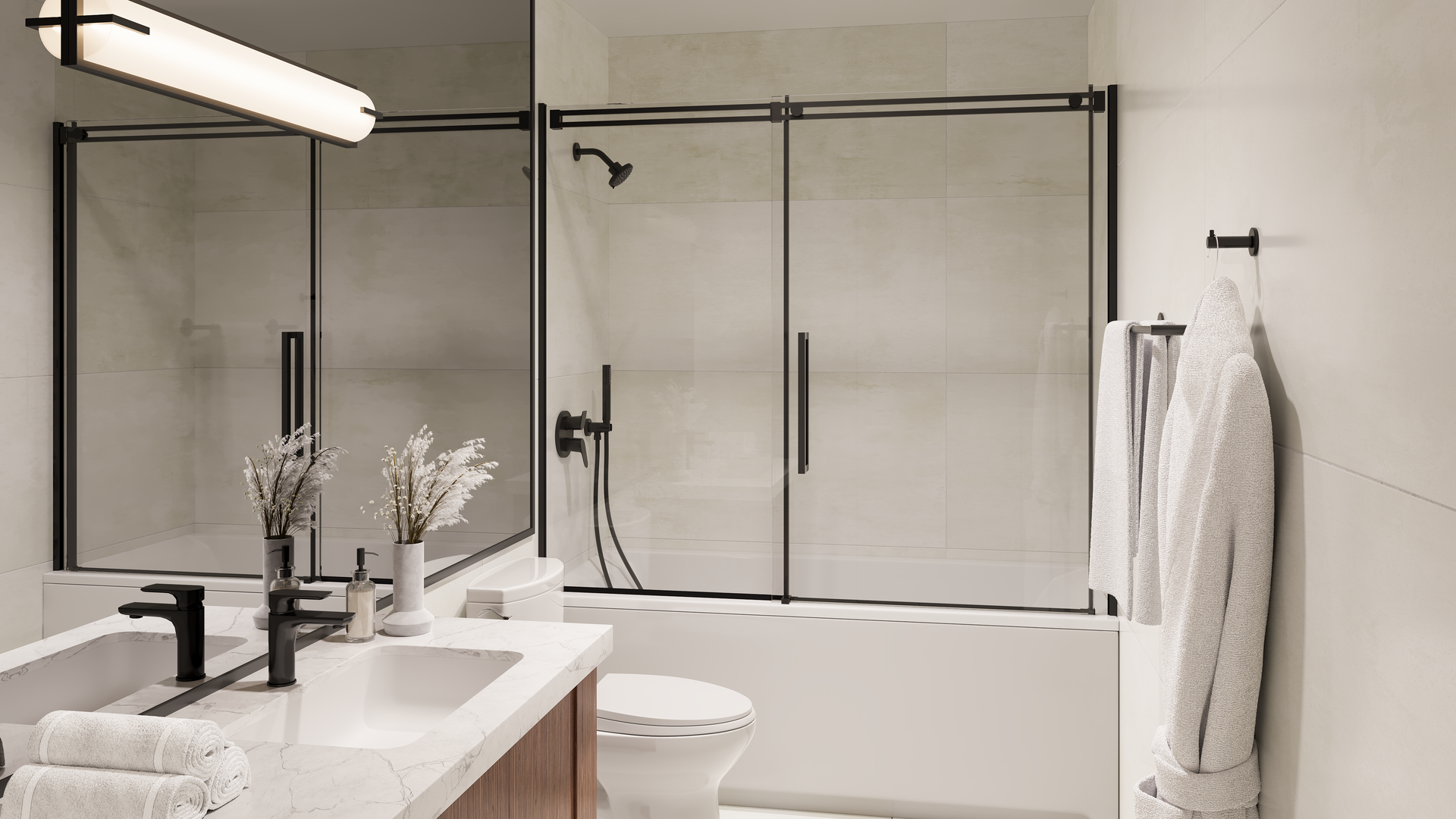 Modern bathroom with a white sink, tub, and shower with black fixtures and a robe hanging on the wall.