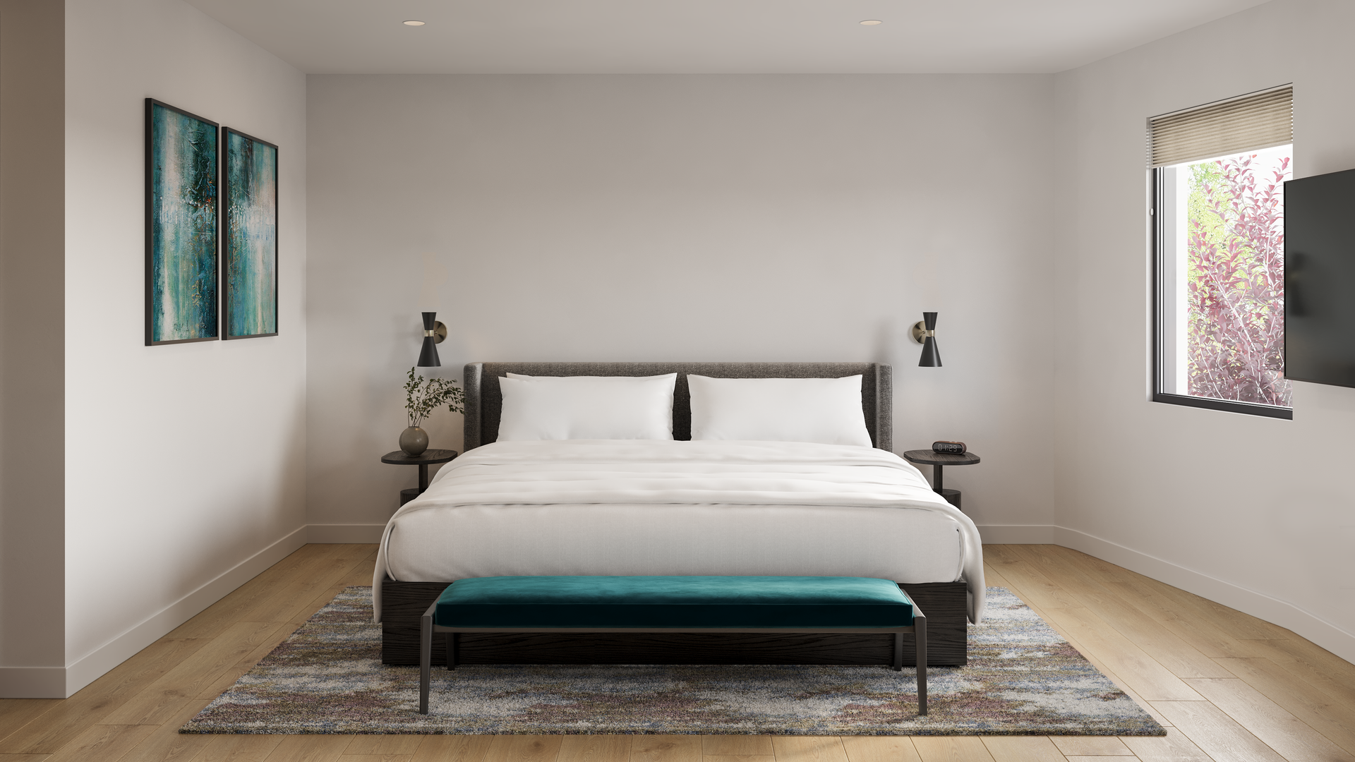 Bedroom with a bed, bench, rug, artwork, and window, in neutral colors with teal accents.