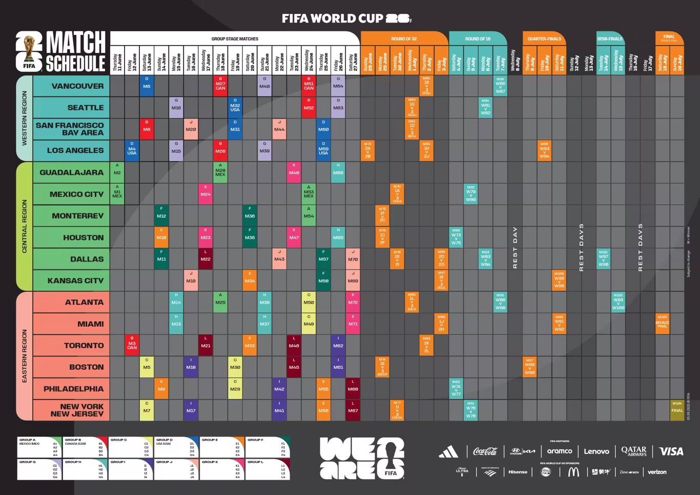 FIFA World Cup 2018 match schedule; a colorful grid organizes match dates, times, and teams by city, with team flags.