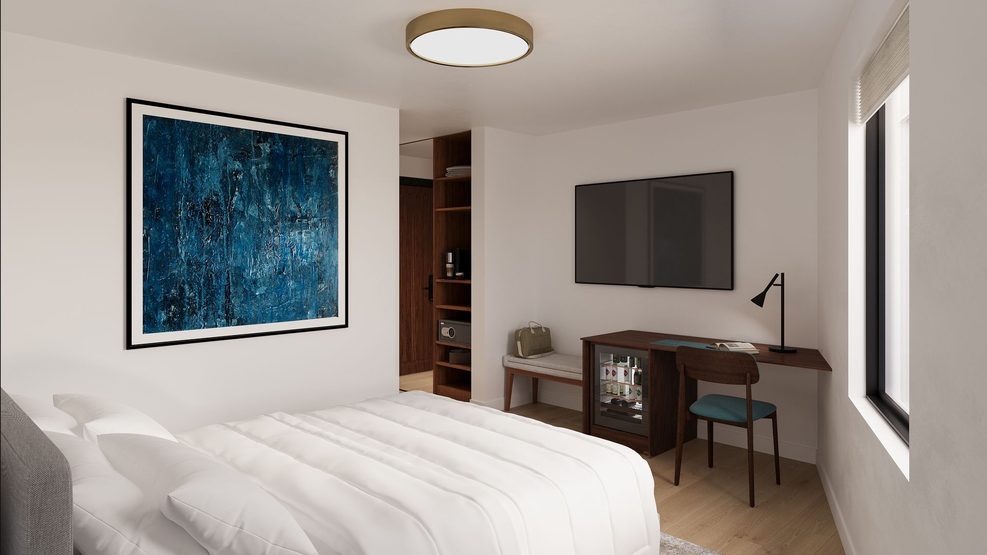 Bedroom with bed, desk, artwork, TV, and closet. White walls, wood accents, and window.