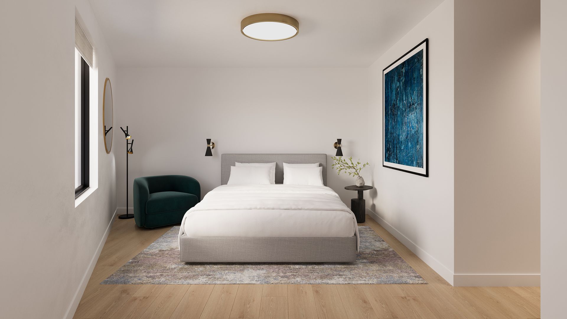 Bedroom with a bed, a teal armchair, and a framed abstract painting.