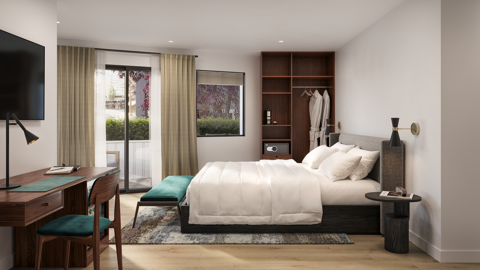 Modern bedroom with bed, desk, open closet, and balcony access.