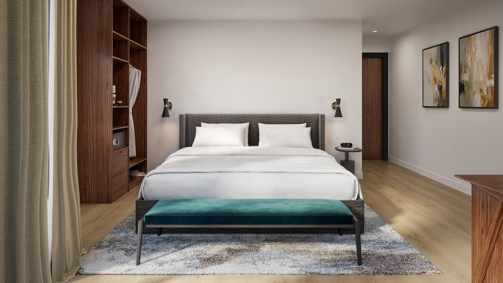 Bedroom with bed, closet, art, blue bench, and rug. Light wood floors, white walls.