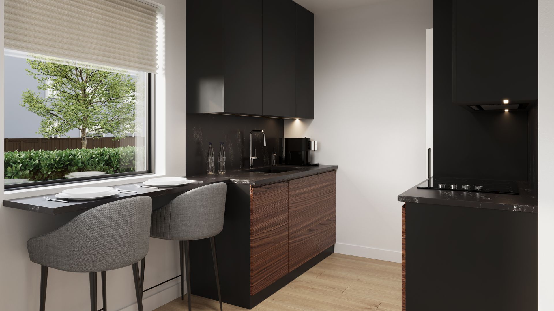 Small modern kitchen with dark cabinets and a breakfast bar.