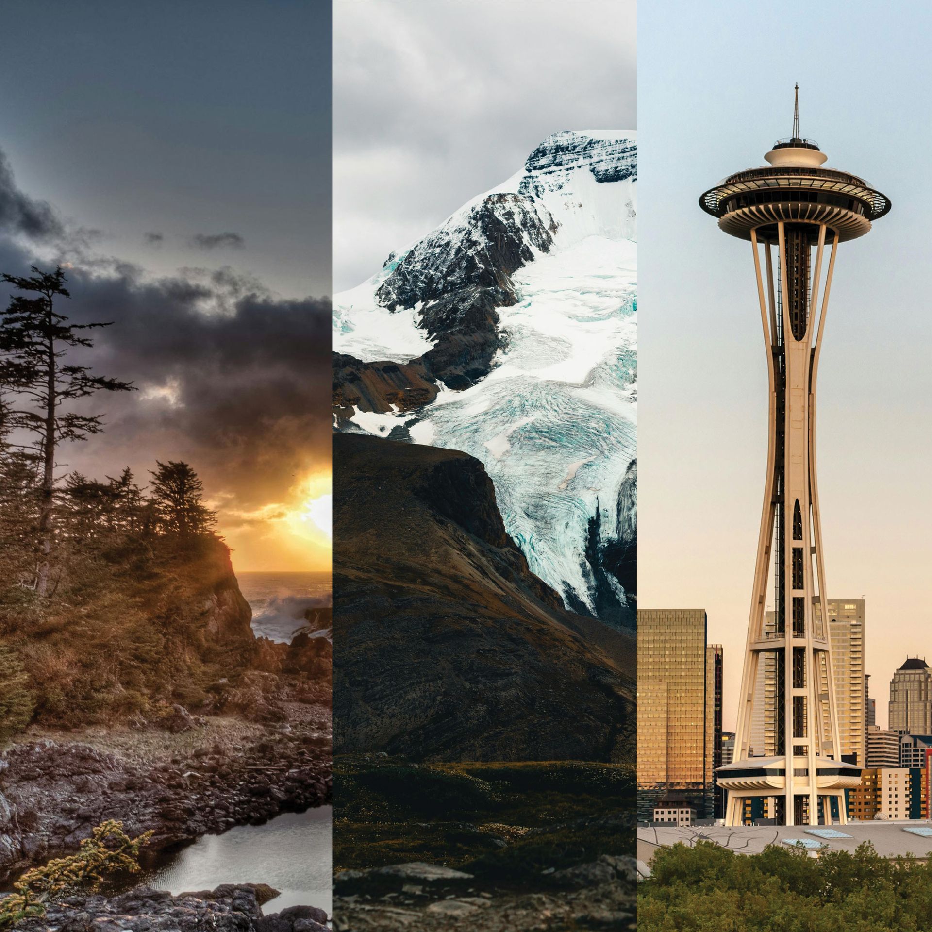 Coastal sunset, snowy mountain, and Seattle Space Needle.