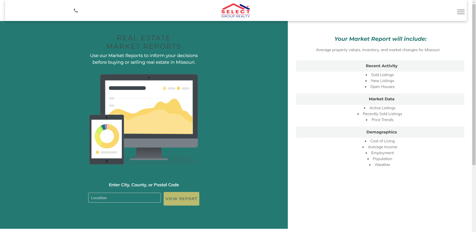 Webpage with graphics depicting data visualization on a computer and tablet, and a list of benefits.