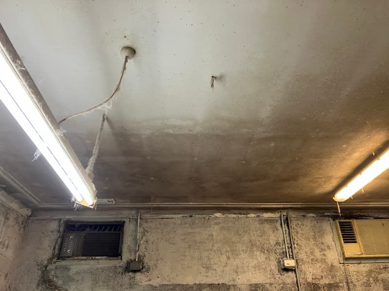 Concrete basement ceiling with peeling paint, two fluorescent lights, and a vent.