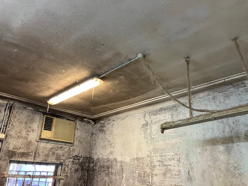 Ceiling and walls with peeling paint, fluorescent lights, and an air conditioner.